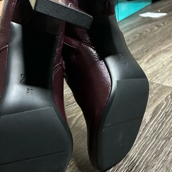 Brand New Zara Patent Leather Burgundy Ankle Boots. SZ 37 - Picture 4 of 4
